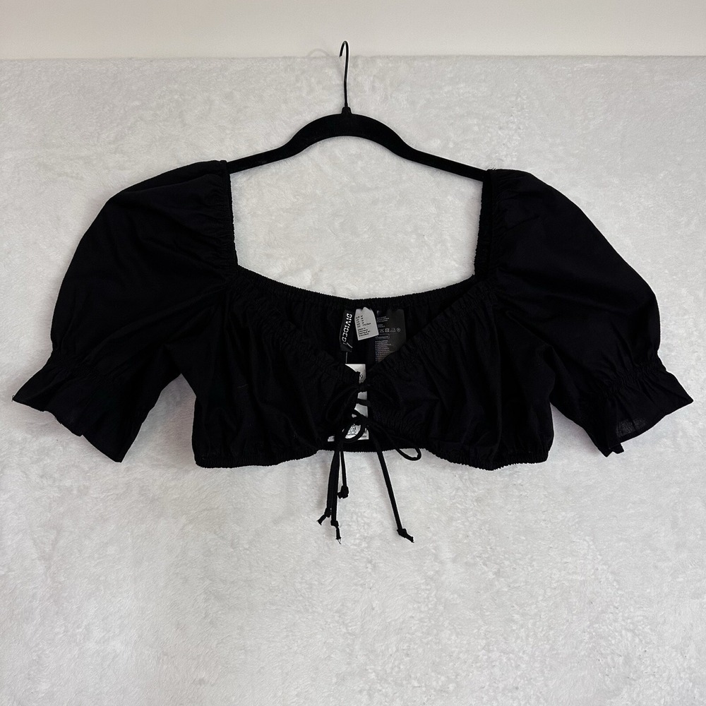 Divided H&M Womens Size M Black Top Cropped Puff Sleeve Tie Back‎ Cotton NWT